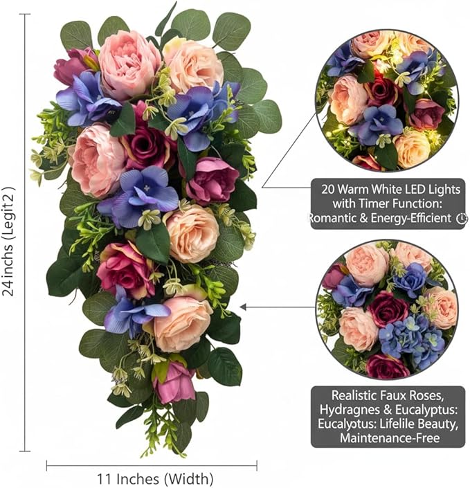 Svndlyn 24 Inch Pre-lit Peony & Rose Floral Swag for Front Door - Teardrop Spring Wreath with Timer, 20 LED Lights, Pink & Purple Vertical Wall Decor for Front Door,Wedding (Battery Operated)