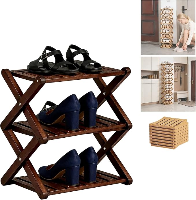 2/3/4/5/6/7/8/9 Tier Bamboo Shoe Rack - Foldable,No Installation Needed,Space-Saving Multi-Tier Storage for Indoor & Balcony Use (Brown,3 Layers)