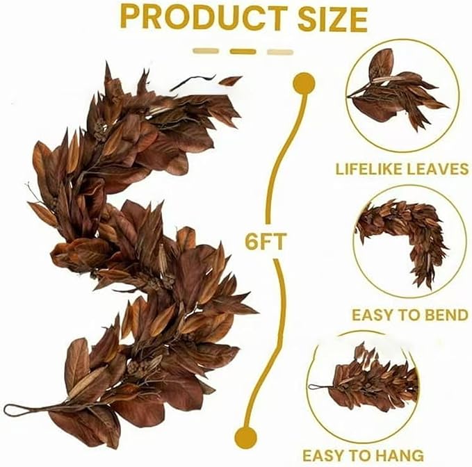 Brown Leaf Wreath, Artificial Realistic Reusable Leaf Swag Fall Porch Decorations Outdoor for Mantle Fall Decorations for Home (2-280)