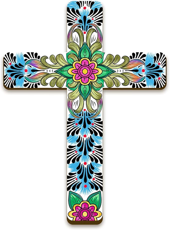 Maitys Floral Cross Wall Decor Hand Painted Decorative Inspirational Wooden Cross Mexican Art Wall Decor Mexican Crucifix for Home Room Church Decoration (Cute Style)