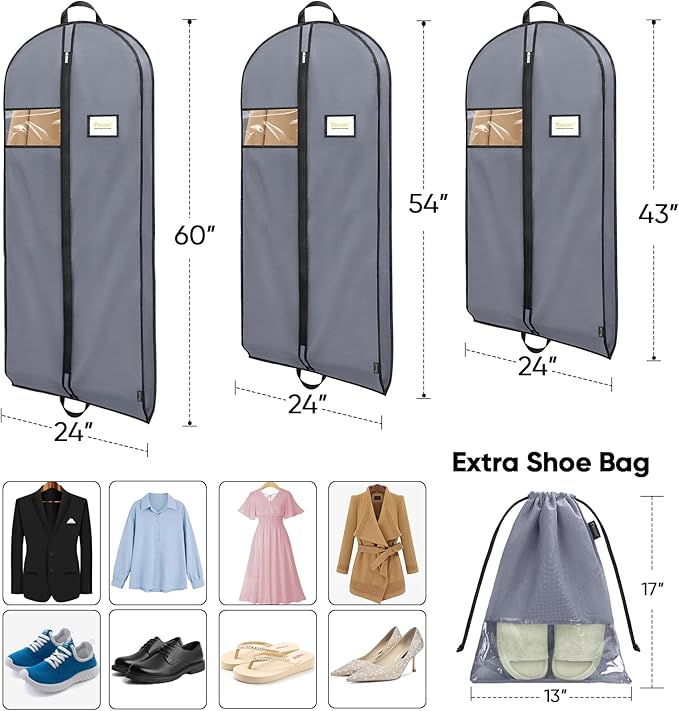 BALEINE 5PK Heavy Duty Garment Bag with Shoe Storage Travel Bag for Dresses, Suit, Coats Travel Essential (43", Grey)
