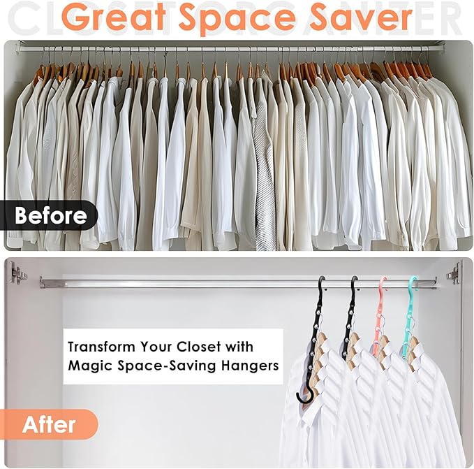 College Dorm Room Essentials, Magic Hangers Space Saving Clothes Hanger, Closet Organizers and Storage for 30 Heavy Clothes, Smart Space Saver Sturdy Plastic Hangers with 360° Rotating Hooks, 6 Pack