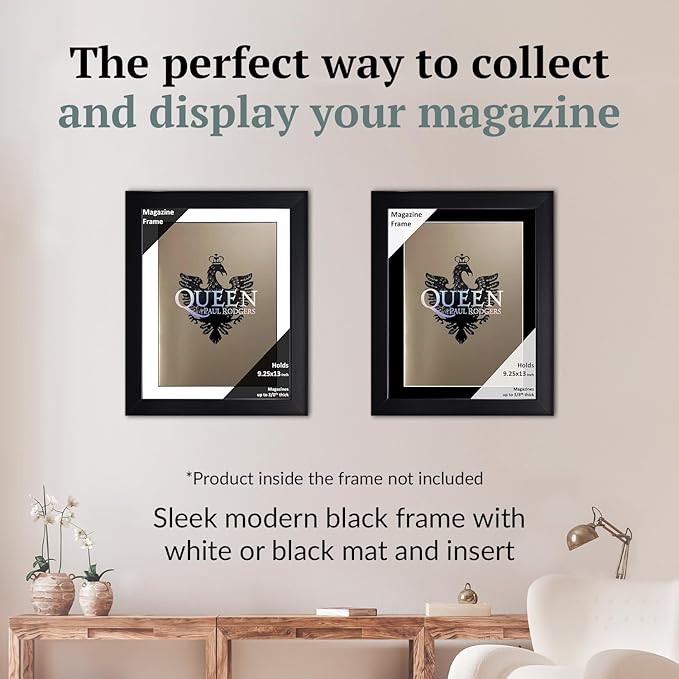 Creative Picture Frames 9.25 x 13 Magazine Frame with Full-Strength Glass, Holds Up To A 1/4" Thick Media with Installed Hangers for Easy Mounting, 11x14 Black Frame with White Mat