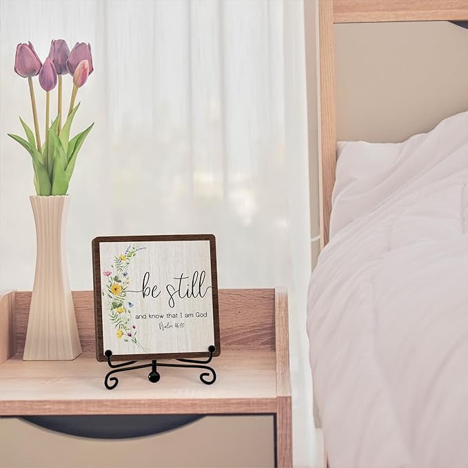 Inspirational Christian Desk Decor, Be Still And Know That I Am God Rutsic Sign, Desk Decorations For Office Home Living Room Bathroom, Eucalyptus Shelf Decor, Wooden Plaque With Stand (04)