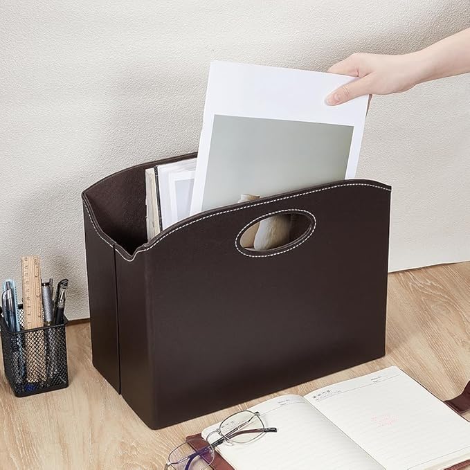 PH PandaHall PU Leather Magazine Holder Floor Foldable Magazine Holder Document File Storage Rack Book Organizer Basket for Office Document Home Living Room Table, Coconut Brown, 13.7x7.4x10.5 inch