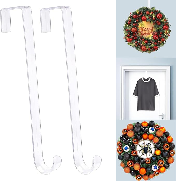 Emopeak 15 Inch Clear Wreath Hangers for Front Door - 2 Pack, Non Scratch Over The Door Hooks Wreath-Door-Hanger Sturdy Over The Door Hooks for Easter Halloween Christmas Decoration