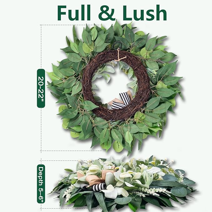 Artificial Wreaths for Front Door Year Round, 20-22" Green Eucalyptus Spring Summer Wreath with Lamb’s Ear Willow Ficus Leaves Bow, Modern Farmhouse Home Decor Porch Indoor Outdoor