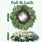 Artificial Wreaths for Front Door Year Round, 20-22" Green Eucalyptus Spring Summer Wreath with Lamb’s Ear Willow Ficus Leaves Bow, Modern Farmhouse Home Decor Porch Indoor Outdoor
