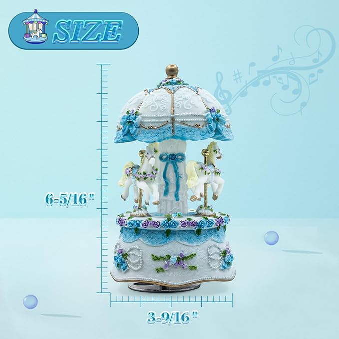 Carousel Music Box，Luxury Color Change LED Light Music Box,Luminous Rotating 3-Horse Musical Box with Gift Box for Girls Birthday Valentine Gift (Castle in The Sky, Blue)