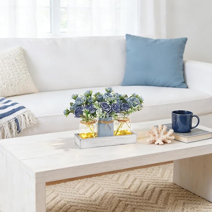 Mkono Mason Jar Lights Centerpiece Table Decor for Dining Room Farmhouse Wood Tray with 3 Jars Flowers Center Pieces Spring Decor for Coffee Table Kitchen Living Room, Grey Blue