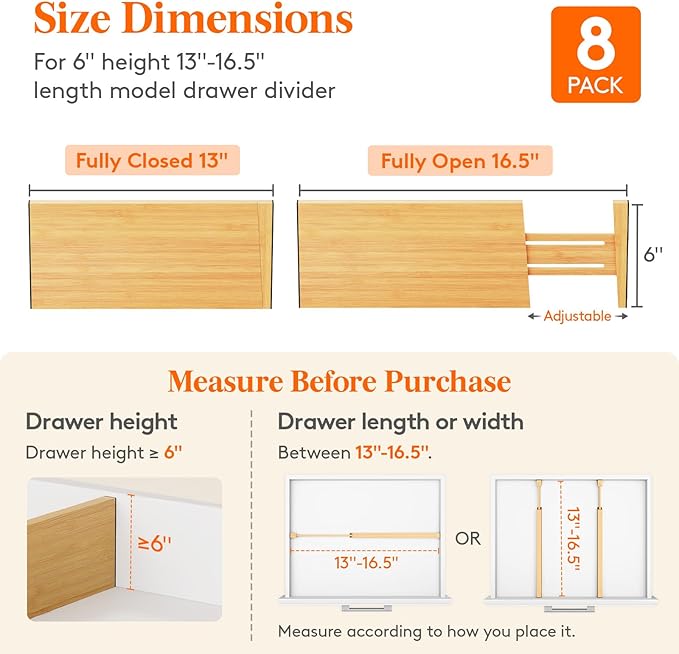 Lifewit 6" High 8 Pack Bamboo Drawer Dividers 33-42cm/13-16.5" Adjustable Wooden Drawer Organizer for Clothes/Utensils, Expandable Drawer Separator for Dresser/Kitchen/Bedroom/Office Organization