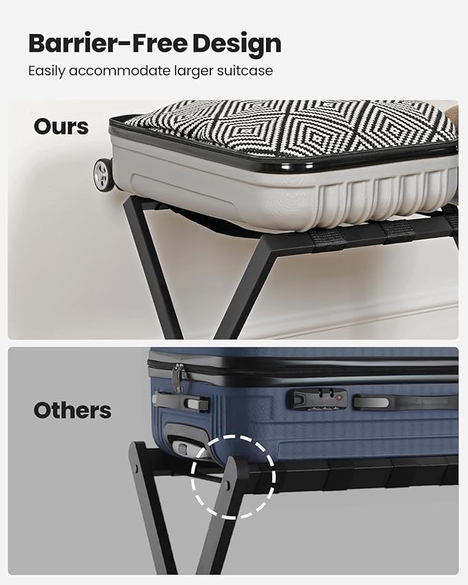 Luggage Rack, Folding Suitcase Stand for Guest, Foldable, Luggage Holders with Shelf, Steel Frame with Nylon Straps for Bedroom, Hotel, Holds up to 154 lb, Black, 1 Pack LR03801B