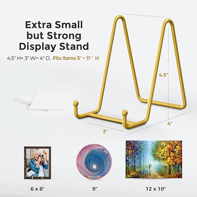 TR-LIFE 4 Pack 4.5 Inch Display Stands - Holder Stand for Picture, Decorative Plate, Photo Easel, Tabletop Art (Gold)