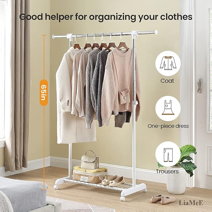 LiaMeE Adjustable Clothing Rack for Hanging Clothes, Heavy Duty Garment Rack with Wheels，Free Standing Rolling Clothes Rack with Shelf & Grid, Easy Assembly Standard Rod, White & Chrome