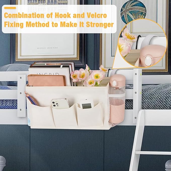 Loghot Bedside Caddy/Bedside Storage Bag Hanging Organizer for Bunk and Hospital Beds,Dorm Rooms Bed Rails,Can be Placed Glasses,Books,Mobile Phones,Keys (New White)
