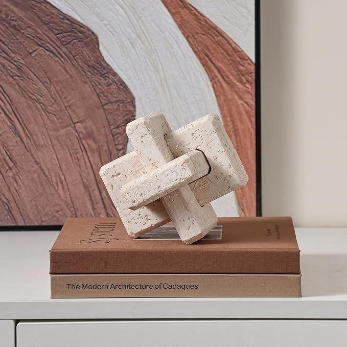3-Link Knot Resin Travertine Decor, Coffee Table Decor, Book Shelf Entry Table Decoration, Boho Decorative Objects, Aesthetic Accents for Modern Rustic Office Living Room Home Décor