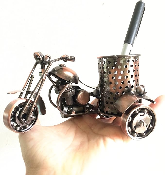 Trebisky Metal Sculpture - Retro Classic Handmade Iron Motorcycle Unique Metal Art Decor - Home décor (5.5" L,3" H, Copper Pen Cup)
