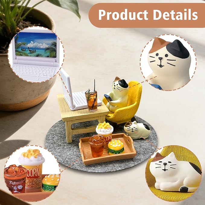 11-Piece Cats Figurines:Mobile Phone Cat Office Decor,Featuring Computer,Desk,Sleeping Cat,Iced Coffee Cute Resin Decor for Offices,Gardens,and Homes The for Cat Lovers