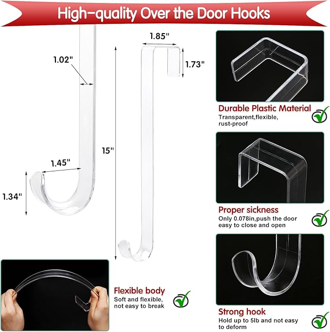 15" Clear Wreath Hangers - Non Scratch Over The Door Hanger Hooks, Wreath Door Hanger - Easter, Fall, Halloween, Christmas Decorations - Indoor/Outdoor - Welcome Sign - 1 Pack