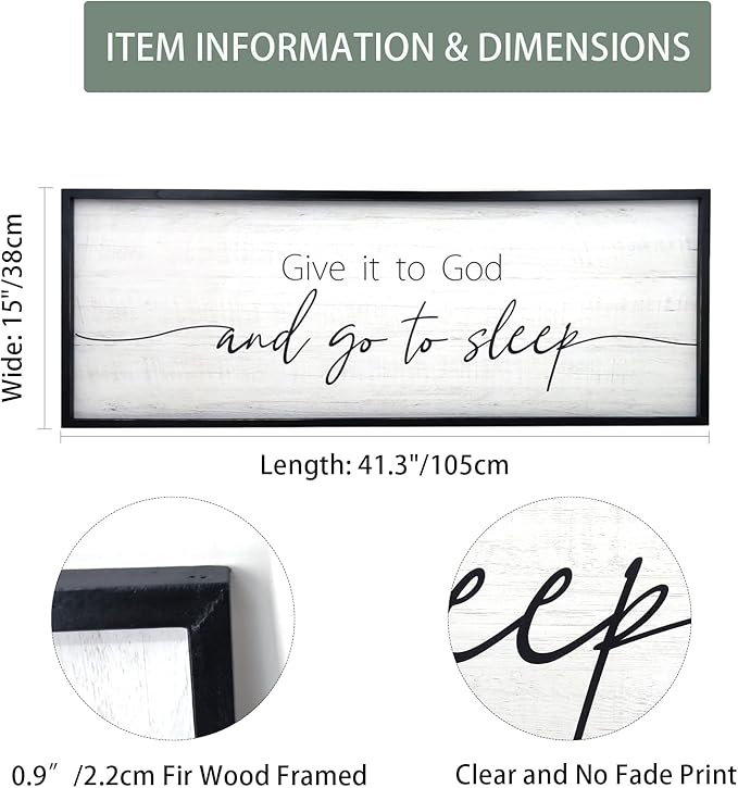 Give It to God and Go to Sleep Sign Framed Large 41''×15'' Above Bed Wall Decor for Bedroom Farmhouse Wall Decor Guest Room Decor Rustic Master Bedroom Wall Decoration Wood Wall Art (black frame)