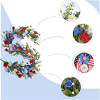 5.9Ft Artificial 4th of July Garland Wreath -Patriotic Garland with Red, White & Blue Daisies, Green Leaves, Berries & Flag Bow for Wall Table Independence Day Memorial Day Indoor/Outdoor