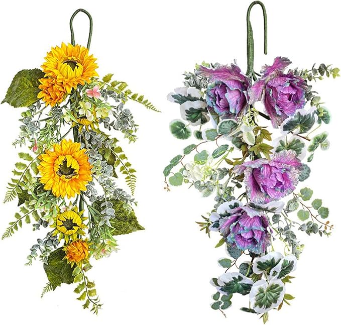 Spring Teardrop Swag for Front Door,Artificial Teardrop Swag,Spring Summer Front Door Teardrop Swag,Artificial Sunflower Swag,Artificial Floral Swag Wreath for Front Door Window(Yellow)