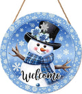 Welcome Winter Snowman Blue Sign for Front Door Christmas Snowflake Wood Door Hanger 12"x12" Holiday Welcome Decorations Rustic Wreath Wall Hanging Decorative for Home Wall Porch Yard Garden