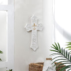 TRENDIN Gold Cross for Wall, Rustic Wooden Cross with Fleur de Lis, Decorative Hanging Christian Wall Art for Home, Living Room, or Bedroom, Distressed White