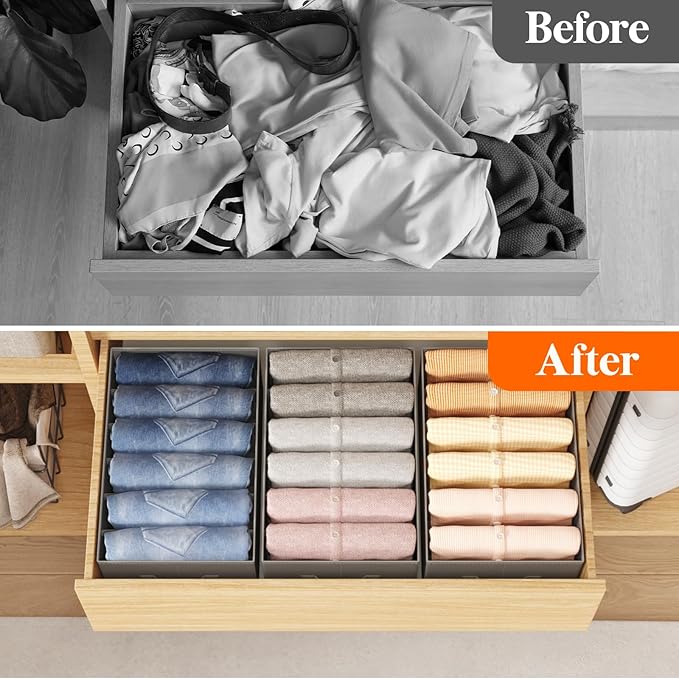 Lifewit Wardrobe Clothes Organizer 12 Pack, Large Size 6 Grids Closet Jean Storage Bins with Handles and Support Boards, Foldable Drawer Dividers for Sweater, Pants, T-Shirt, Hoodie, Dress, Grey