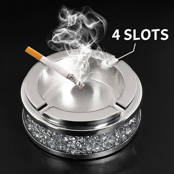 Ashtray, Cool Ashtrays for Cigarettes Outdoor, Cute Glass Ash Tray for Office Tabletop, Crushed Diamond Home Decor, Bling Crystal Decorative Ashtray for Smokers Indoor Use, 4"L x 4"W x 1.57"H, Silver