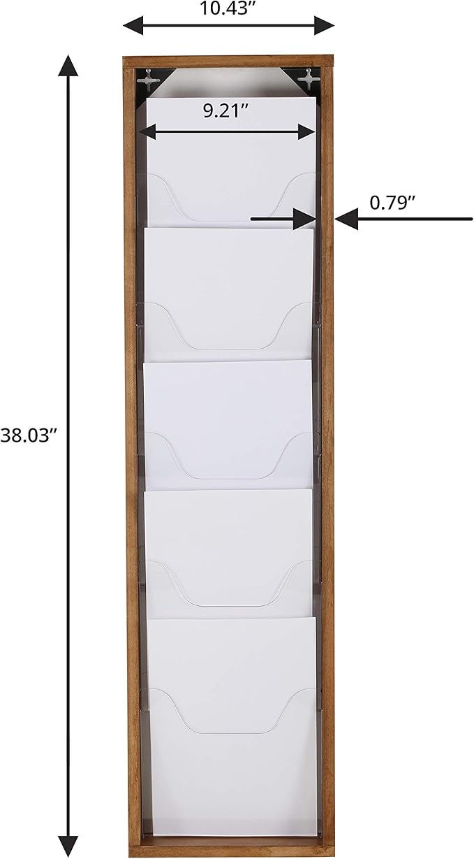 M&T Displays Wal Mount Dark Wood Magazine Brochure Rack Wooden Leaflet Literature Catalog Holder Easy Assembly Durable Clear PET G Pocket 5x(8.5x11) Inch for School Office Hospital Hotel Indoor