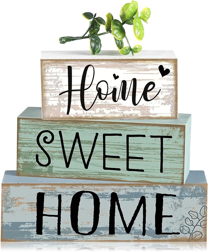 Moucuny 4 Pcs Wooden Farmhouse Table Decor Rustic Home Sweet Home Stacked Blocks Decoration Farmhouse Tiered Tray Decor Decorative Eucalyptus Block Signs Gift for Kitchen Shelf Coffee Table