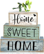 Moucuny 4 Pcs Wooden Farmhouse Table Decor Rustic Home Sweet Home Stacked Blocks Decoration Farmhouse Tiered Tray Decor Decorative Eucalyptus Block Signs Gift for Kitchen Shelf Coffee Table