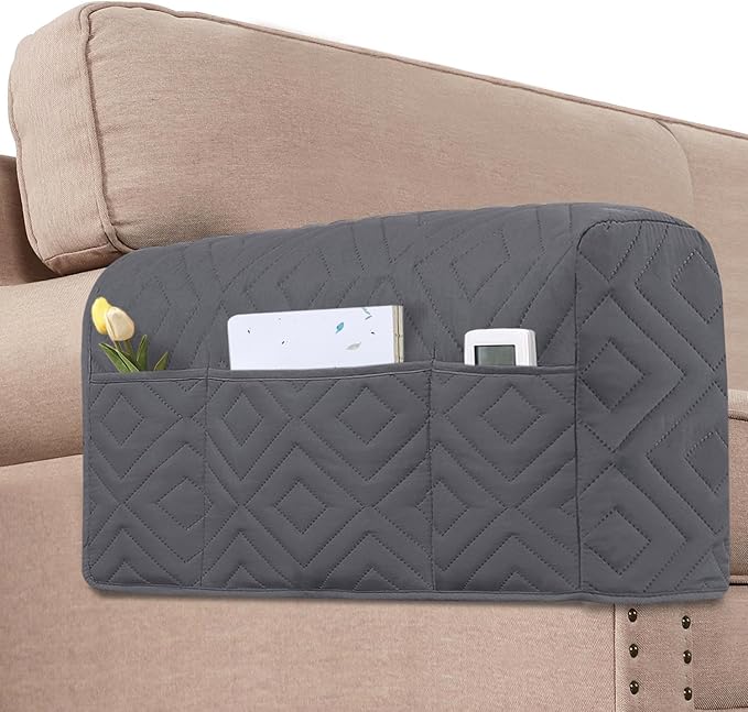 H.VERSAILTEX Armrest Covers for Sofa Water Resistant Couch Arm Covers Remote Control Holder Sofa Armrest Organizer for Magazine, Tablet, Phone, iPad(Set of 2, Gray/Beige)