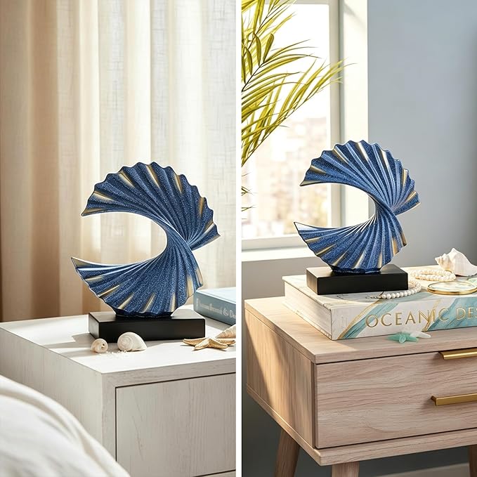 Blue Gold Wave Sculpture, Modern Ocean Wave Home Accents, Resin Art Statue for Shelf, Coffee Table, TV Stand Adornos Modernos