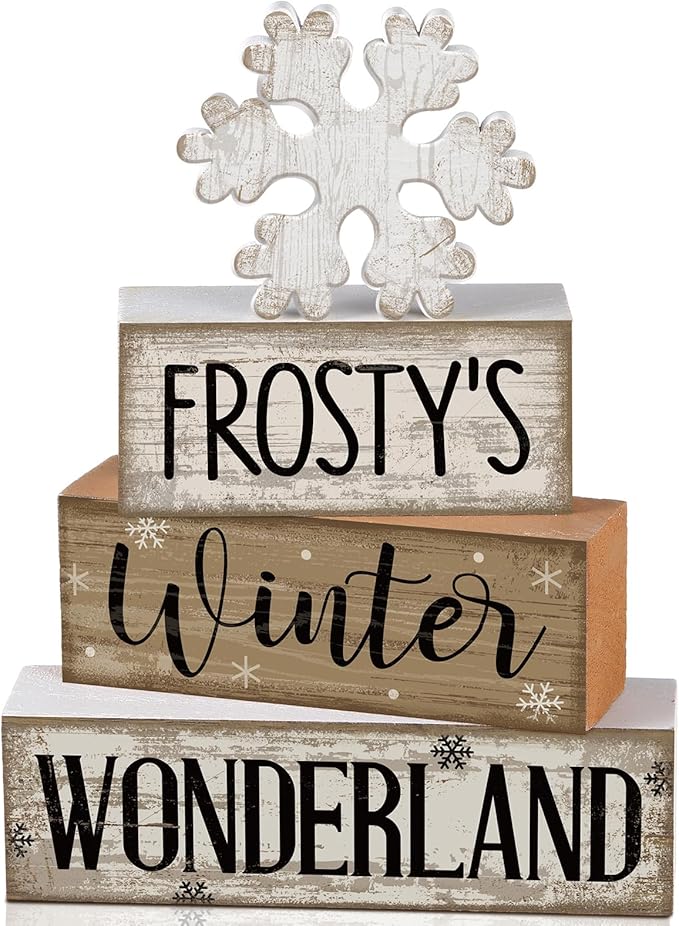Lineshading 4 Pcs Winter Table Decorations Wooden Snowflake Decor Winter Tiered Tray Decor Rustic Snow Block Signs Gift Farmhouse Snowflake Table Centerpiece for Wonderland Party Kitchen Home