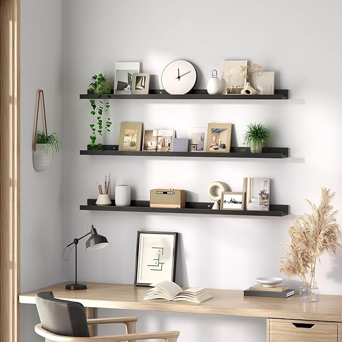 HOOBRO Floating Shelves, Wall Shelf Set of 3, 47.2 Inches Hanging Shelf with Raised Edge and Invisible Brackets, for Bathroom, Bedroom, Kitchen, Office, Living Room Decor, Black BK92BJ01