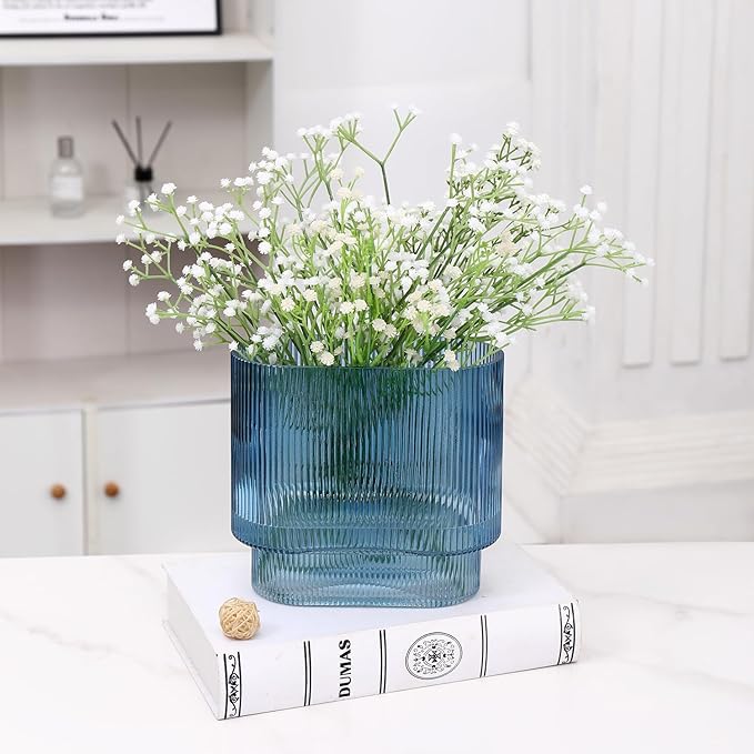 Ribbed Glass Vase, Blue Glass Vase, Fluted Short Vases for Flowers, Modern Vases for Living Room, Dining Room, Bathroom, Desk, Shelf, Wedding, Office, 7 Inches