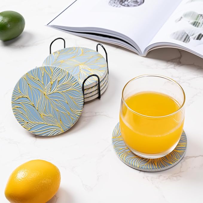 Hoewina 6Pcs Drink Coasters with Holder, Marble Style Ceramic Drink Coaster, Absorbent Coasters Set Suitable for Kinds of Cups, Modern Style Coaster for Coffee Table, 4 Inches（Gilded Relief