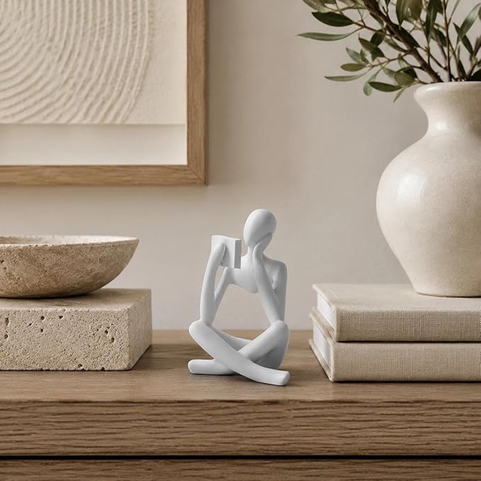 White Bookshelf Decor Thinker Statue, Abstract Reading Figurine Style B, Resin Decorative Bookend for Coffee Table, Shelf, Home Office, Library