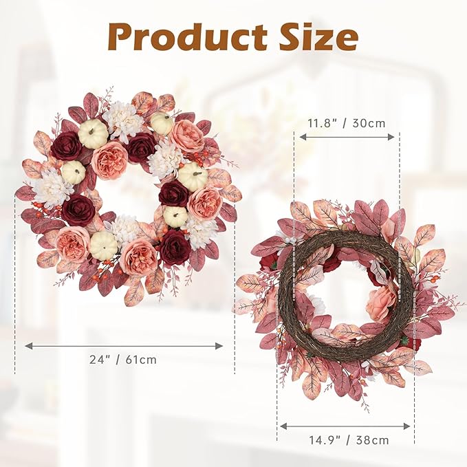 24 Inch Fall Wreaths for Front Door Outside Autumn Silk Flower Wreath with White Artificial Pumpkins, Peony, Rose & Leaves – Fall Door Wreath for Outdoor Indoor Thanksgiving Decor Pink and Burgundy