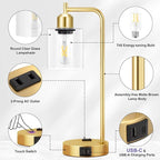 Innqoo Industrial Gold Table Lamp for Bedrooms Set of 2-3-Way Dimmable Desk Lamp with USB C+A Ports and Outlet, Gold Lamps with Clear Glass Shade for Living Room, Desk Lamps for Home Office