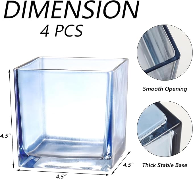 Square Glass Vases Set of 4, 5" x 5" x 5" Blue Flower Vases for Centerpieces, Square Vase for Flowers, Small Vase for Wedding, Party, Home Office Decoration