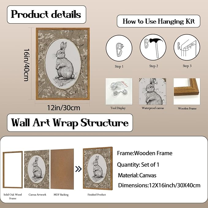 Framed Vintage Rabbit Wall Art, Cute Easter Bunny Pictures Wall Decor, Rustic Farmhouse Animal Paintings Canvas Prints Cottagecore Home Decor for Nursery Living Room Bedroom 12x16 inch
