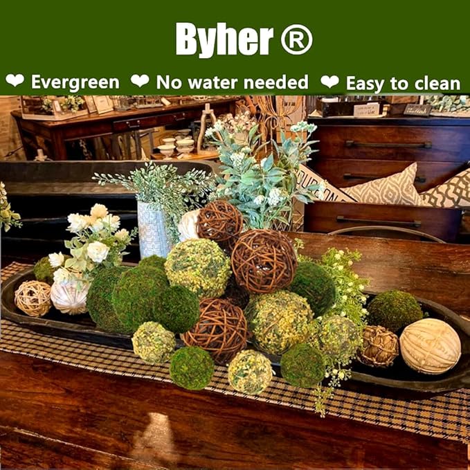Decorative Balls for Centerpiece Bowls, 18pcs Fake Moss Balls + Wicker Rattan Balls Set Vase Bowl Filler for Home Garden Wedding Party Decor (Fresh Green + Rustic Brown)