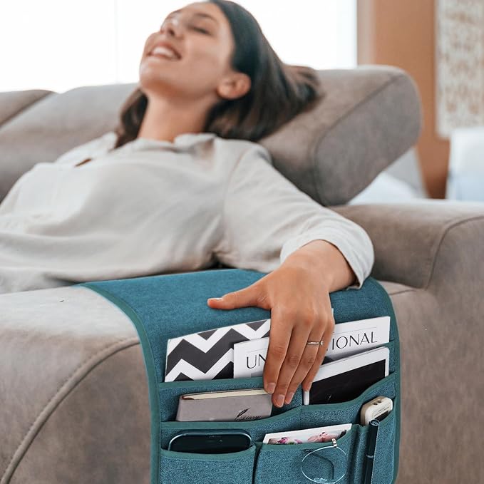 Teniux Remote Control Holder Armchair Caddy for Recliner Couch, Non-Slip Armrest Organizer with 5 Pockets for Magazine, Tablet, Phone, iPad (Teal)