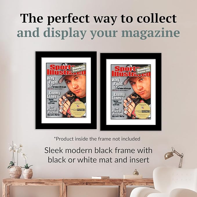 Creative Picture Frames 8.5 x 11.25 Magazine Frame with Full-Strength Glass, Holds Up To A 1/4" Thick Media with Installed Hangers for Easy Mounting, 11x14 Manhattan Black Frame with White Mat