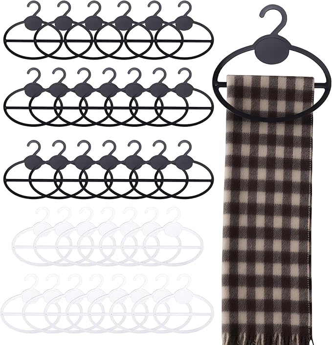 35Pcs Plastic Scarf Organizer for Closet, Oval Kerchief Organizer, Non-Slip Space Saving Hanger for Kerchief Tie Belts, ATSKIM Scarf Hangers for Home Shop Sorting Storing (Black, Clear)