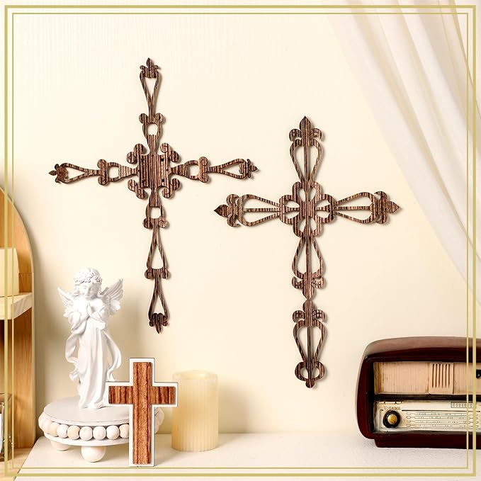 Soaoo 6 Pcs Wooden Wall Hanging Cross - Religious Antique Wall Decor Hand Carved for Home, Living Room - Catholic Crucifix, 12 x 8 Inch (Wood Color)