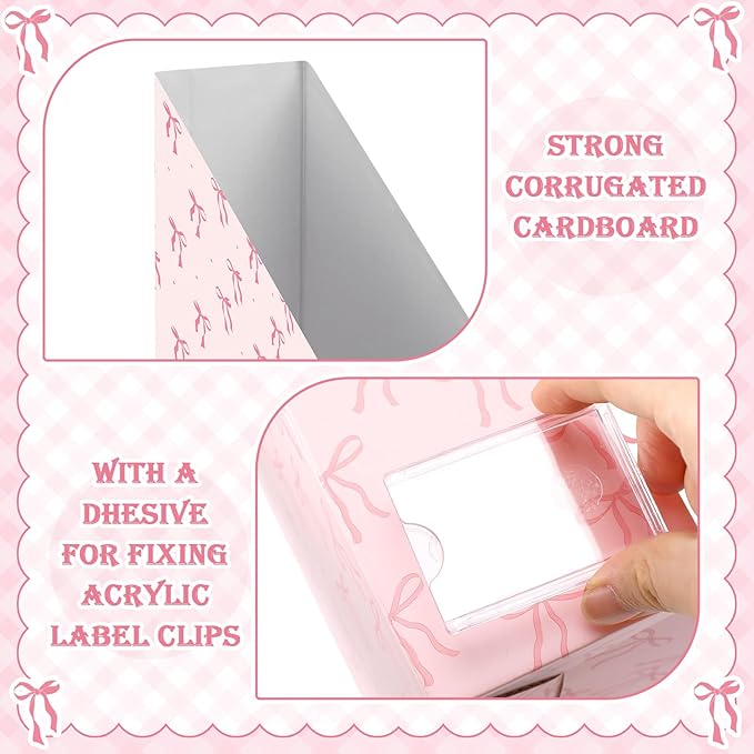 AmazingSpark Set of 4 Pink Bow Magazine File Holder Decorative Foldable Cardboard Magazine Storage Boxes with Acrylic Label Holders Coquettish Boho Organizer for Office Home Organization Storage